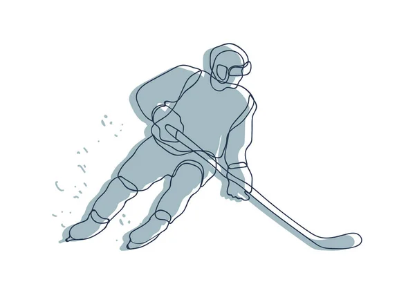 Dibujo Línea Jugador Hockey Hombre Listo Para Disparo Dibujo Mano — Vector de stock