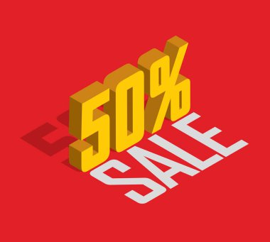 yüzde %50 off, Satılık, altın sarısı nesne 3d. Kırmızı zemin üzerine izole. Eps10 vektör.