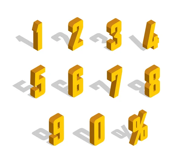 3D sarı metalik izometrik mektup. 0, 1, 2, 3, 4, 5, 6, 7, 8, 9 sayısal alfabe. Numarası izole vektör.