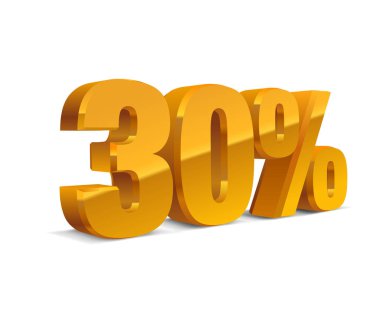 % 30 kapalı, satış izole arka plan, altın sarısı metall nesne 3d. Eps10 Vektör.
