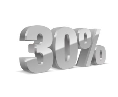 % 30 indirimli, beyaz arka plan satışı, gümüş-gri metall objesi 3D. Eps10 Vektörü.