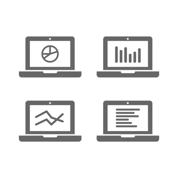Analytics Elemzési Készlet Ikonja Laptop Adatgrafikával Sík Stílus Vektorkép — Stock Vector
