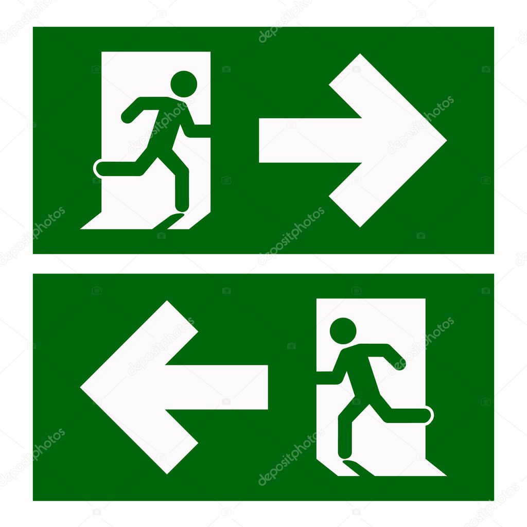Emergency exit, escape route signs. runing man. vector illustration