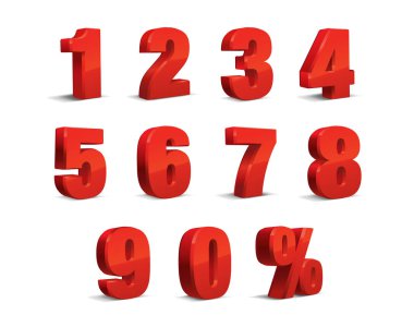 3d Kırmızı Metalik Mektup. 0, 1, 2, 3, 4, 5, 6, 7, 8, 9 rakamı alfabesi. Vektör İzole Sayısı.