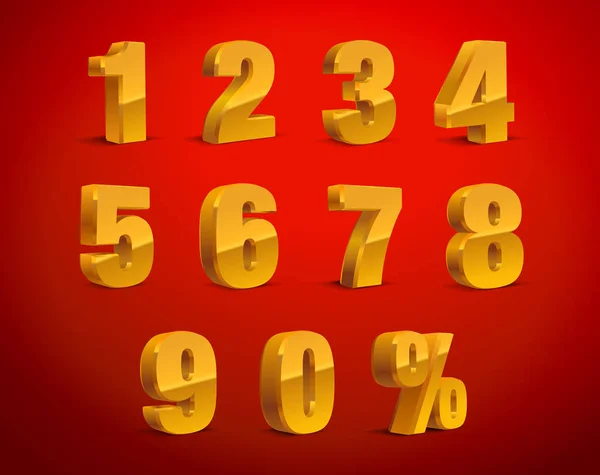 3d sarı altın Metalik Mektup. 0, 1, 2, 3, 4, 5, 6, 7, 8, 9 rakamı alfabesi. Vektör İzole Sayısı.