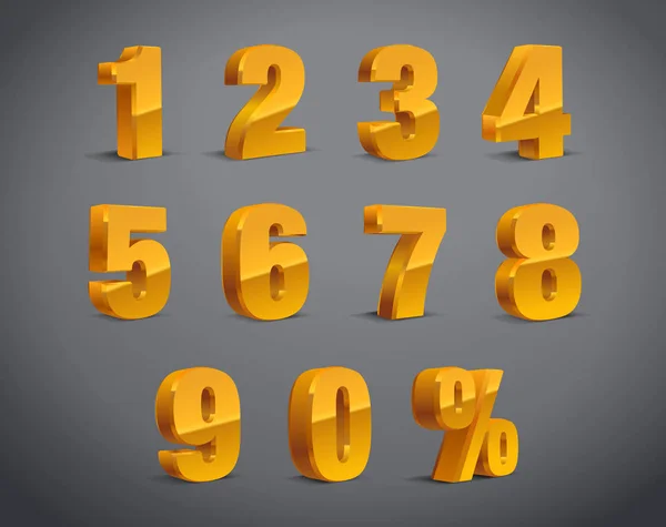 3d sarı altın Metalik Mektup. 0, 1, 2, 3, 4, 5, 6, 7, 8, 9 rakamı alfabesi. Vektör İzole Sayısı.