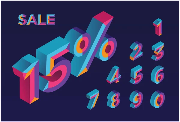 15% de venta. 0, 1, 2, 3, 4, 5, 6, 7, 8, 9 alfa numérica isométrica 3D — Vector de stock