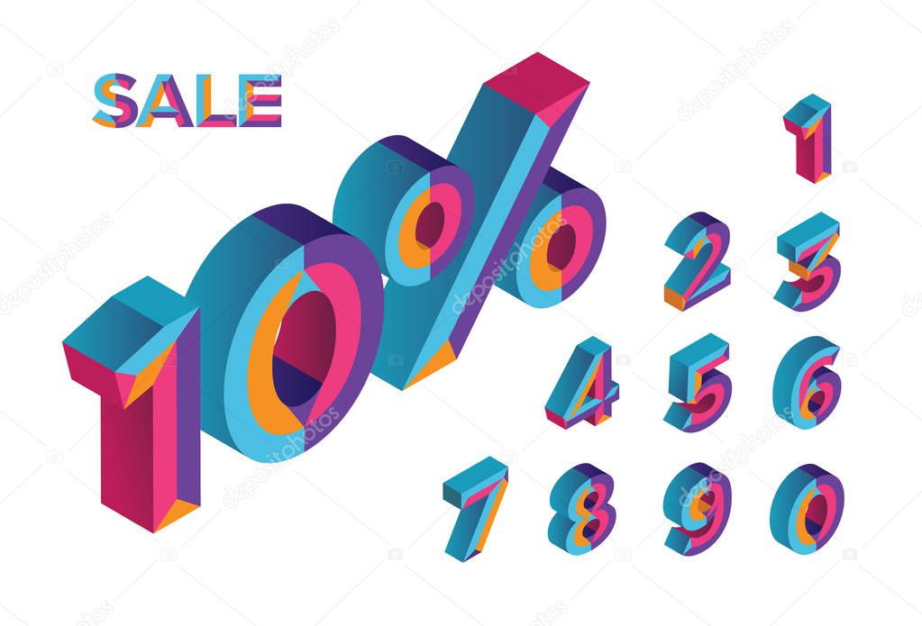 10% sale. 0, 1, 2, 3, 4, 5, 6, 7, 8, 9 isometric 3D numeral alph