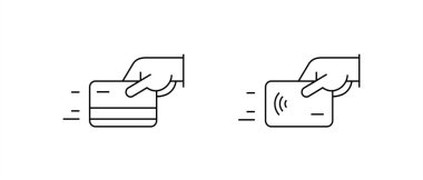 Ödeme seçenekleri vektör elementlerini düz biçimde ayarla. Kredi kartı işleme, el ele tutuşan banka kartı, nakit ve makbuz.