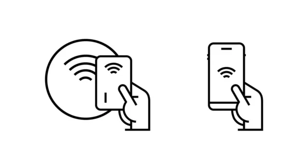 NFC kablosuz ödeme işareti logosu ile bağlantı kuruyor. Kredi kartı veya mobil NFC ödemesi. Vektör simgesi kavramı.