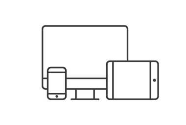 Aygıt simgeleri: akıllı telefon, tablet, laptop ve masaüstü bilgisayarı. Karşılıklı web tasarımının vektör illüstrasyonu.