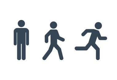 Adam ayakta duruyor, yürüyor ve ikon setini çalıştırıyor. İnsanların sembolü. Vektör illüstrasyonu