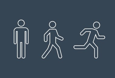 Adam ayakta duruyor, yürüyor ve ikon setini çalıştırıyor. İnsanların sembolü. Vektör illüstrasyonu