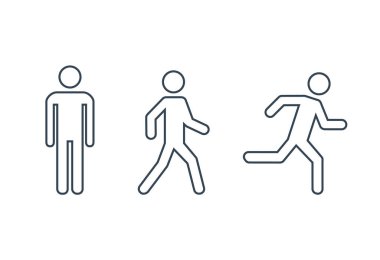 Adam ayakta duruyor, yürüyor ve ikon setini çalıştırıyor. İnsanların sembolü. Vektör illüstrasyonu