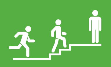 Aşağıdaki simge işareti. Merdivenlerde yürüyen adam. Kariyer Sembolü. düz dizayn. Vektör illüstrasyonu.