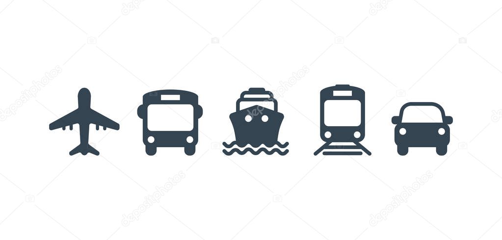 Transport icons. Walk man, Bike, Airplane, Public bus, Train, Ship/Ferry and auto signs. Shipping delivery symbol. Air mail delivery sign. Vector