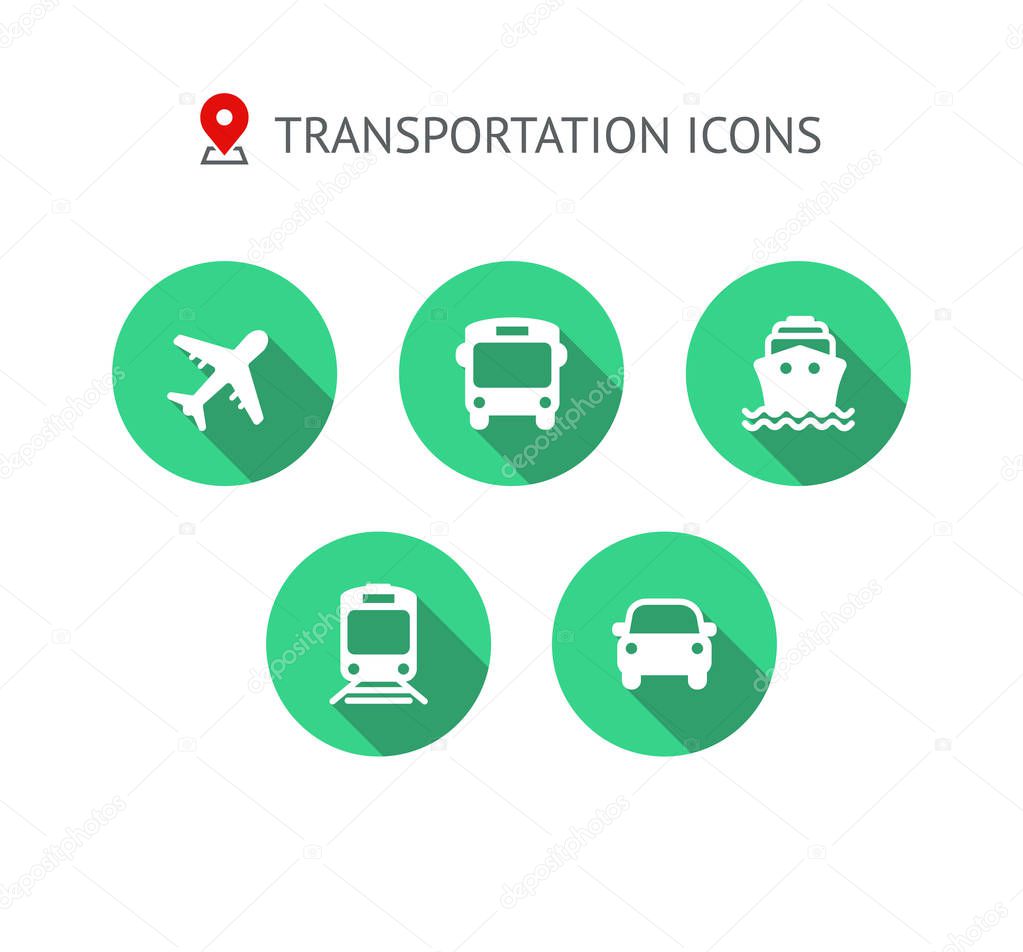 Transport icons. Walk man, Bike, Airplane, Public bus, Train, Ship/Ferry and auto signs. Shipping delivery symbol. Air mail delivery sign. Vector
