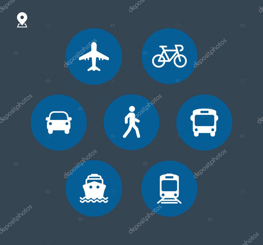 Transport icons. Walk man, Bike, Airplane, Public bus, Train, Ship/Ferry and auto signs. Shipping delivery symbol. Air mail delivery sign. Vector