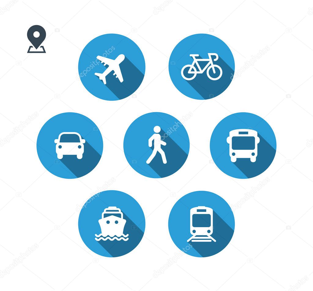 Transport icons. Walk man, Bike, Airplane, Public bus, Train, Ship/Ferry and auto signs. Shipping delivery symbol. Air mail delivery sign. Vector
