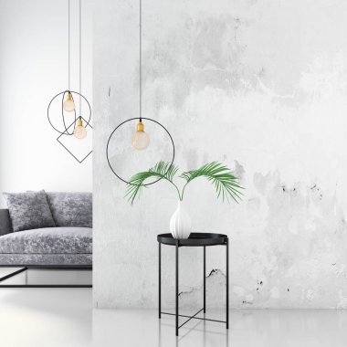 Kadife koltuk, İskandinav tarzı, 3d render ile iç arka plan dalga