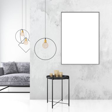 Kadife koltuk, İskandinav tarzı, 3d render ile iç arka plan dalga