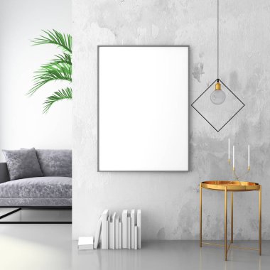 Kadife koltuk, İskandinav tarzı, 3d render ile iç arka plan dalga