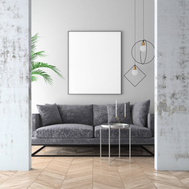 Kadife koltuk, İskandinav tarzı, 3d render ile iç arka plan dalga