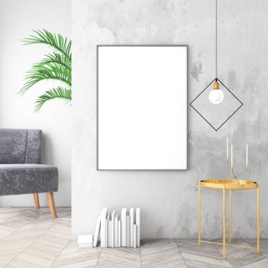 Kadife koltuk, İskandinav tarzı, 3d render ile iç arka plan dalga