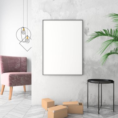 Kadife koltuk, İskandinav tarzı, 3d render ile iç arka plan dalga