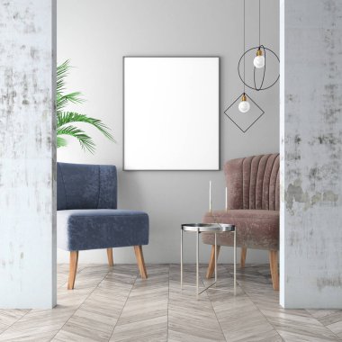 Kadife koltuk, İskandinav tarzı, 3d render ile iç arka plan dalga