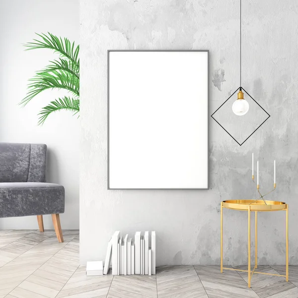 Kadife koltuk, İskandinav tarzı, 3d render ile iç arka plan dalga