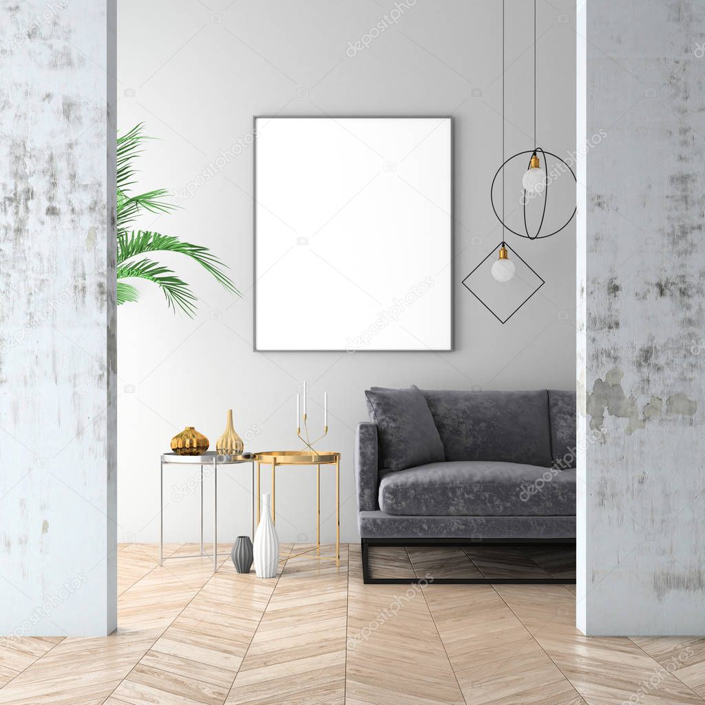 Mock up interior background with velvet sofa, scandinavian style, 3d render