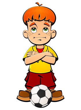 Bir futbol topu ile Kızıl saçlı çocuk.