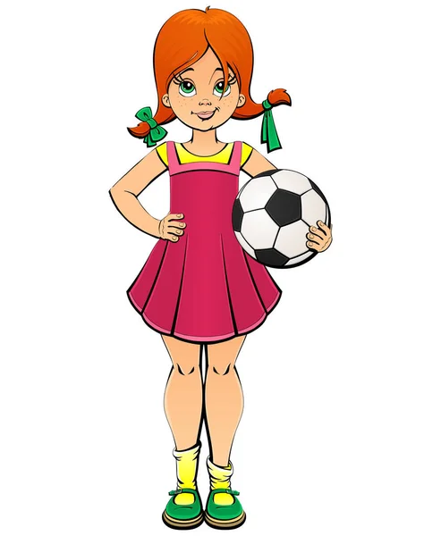 Ondeugende Roodharige Meisje Met Een Bal Voor Voetbal — Stockvector