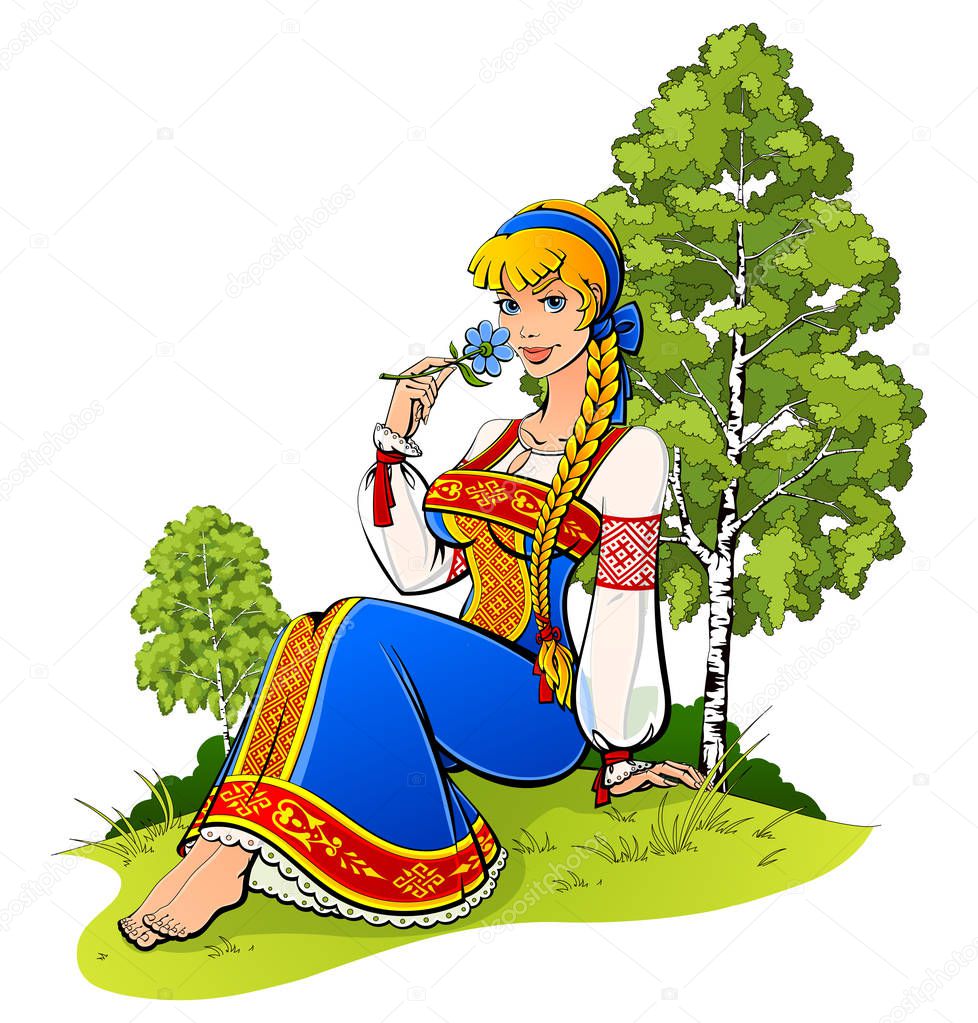 Young girl in Russian national costume on a background of nature.