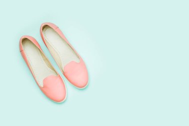 Stylish female shoes in pastel colors. Beauty and fashion concept. Flat lay, top view clipart