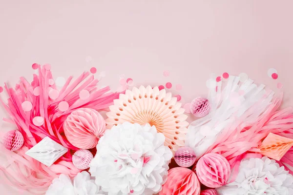 Decoraciones Papel Rosa Blanco Para Fiesta Del Bebé Piso Tendido — Foto de Stock