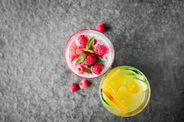 Orange Lemonade Cucumber Lemonade Berries Stone Desk — Stock Photo, Image