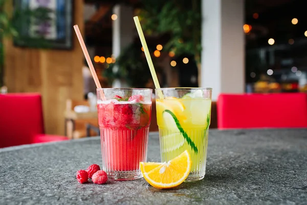 Orange Lemonade Cucumber Lemonade Berries Stone Desk — Stock Photo, Image