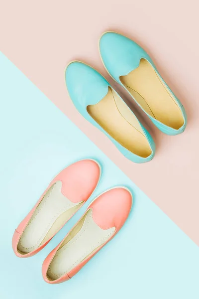 Modieuze Vrouwelijke Schoenen Pastelkleuren Beauty Fashion Concept Plat Lag Top — Stockfoto