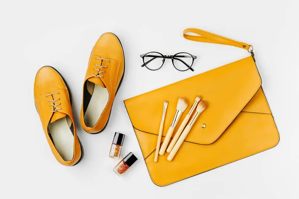 Plat Leggen Van Vrouwelijke Mode Accessoires Schoenen Make Producten Handtas — Stockfoto