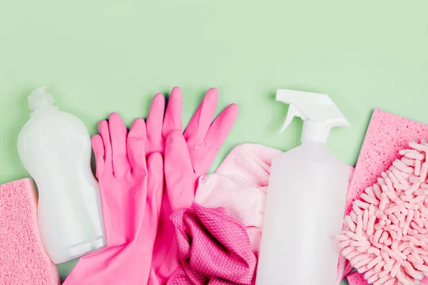 Detergents Cleaning Accessories Pink Color Cleaning Service Concept Flat Lay — Stock Photo, Image