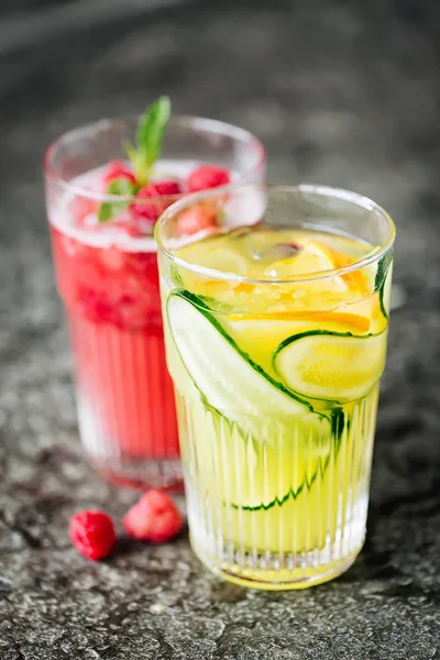 Orange Lemonade Cucumber Lemonade Berries Stone Desk — Stock Photo, Image