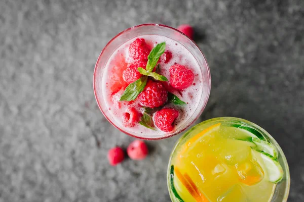 Orange Lemonade Cucumber Lemonade Berries Stone Desk — Stock Photo, Image