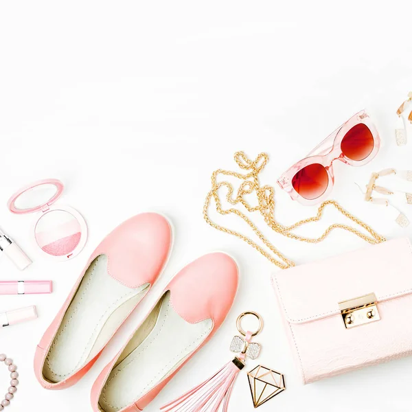 Flat Lay Female Fashion Accessories Shoes Makeup Products Handbag Pastel — Stock Photo, Image