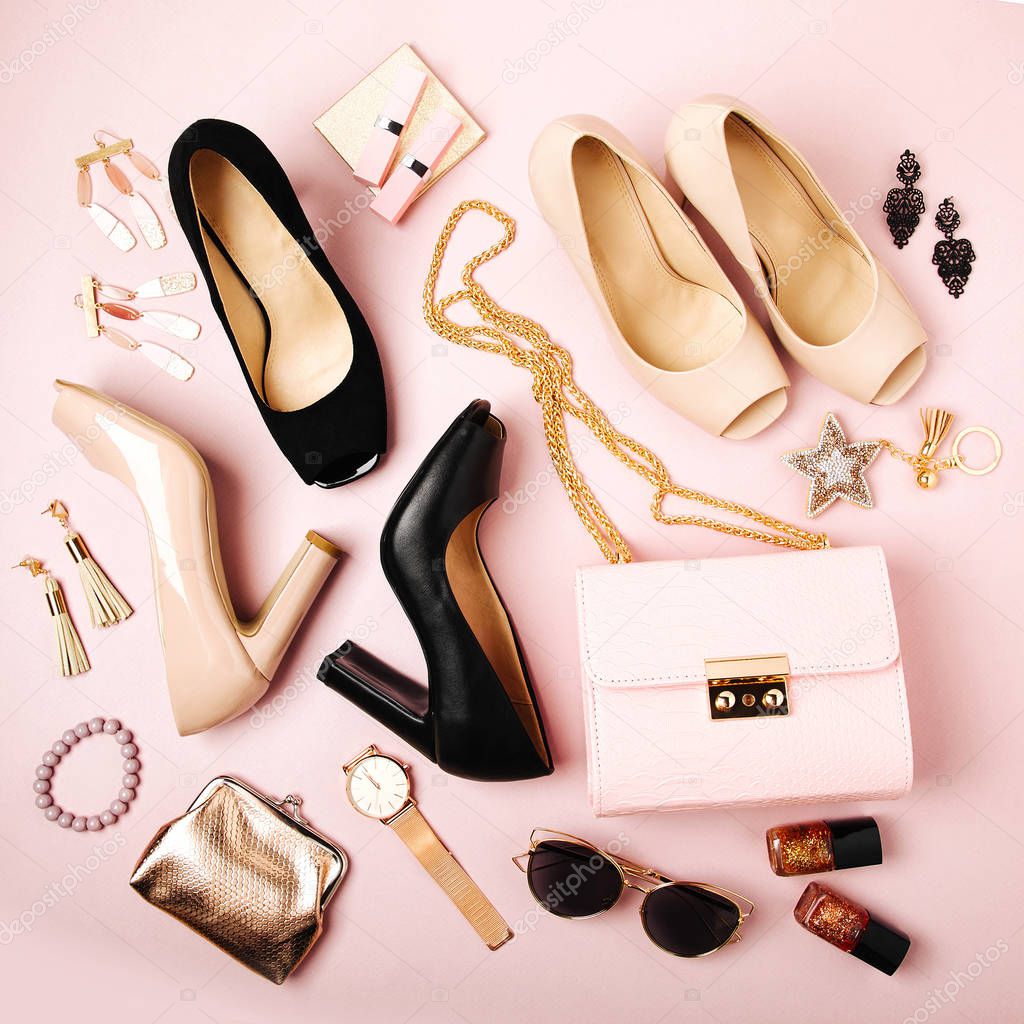 Fashion female shoesand  accessories.  Flat lay, top view.