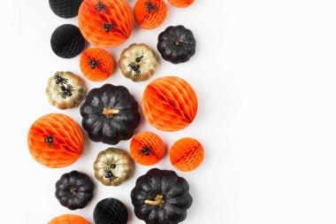 Parlak dekoratif kabaklar ve Petek Top. Halloween süslemeleri. Düz yatıyordu, en iyi görünümü trendy tatil kavramı.
