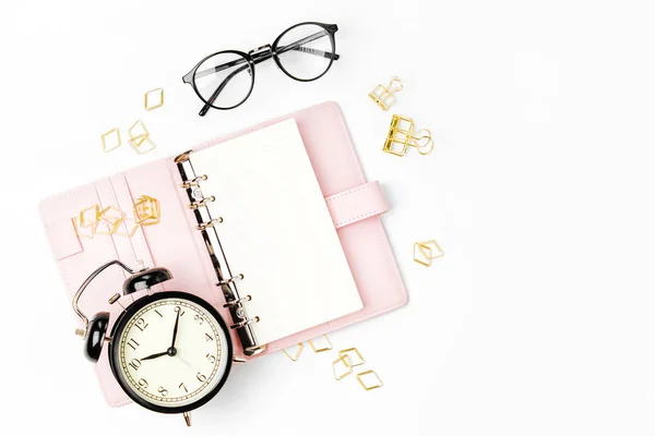 Pink Planner Business Stationery Concept Flat Lay Top View — Stock Photo, Image