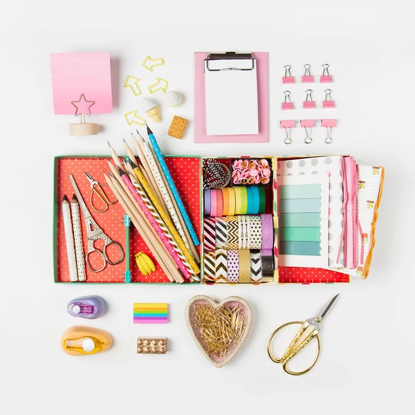 Organizador Con Papelería Elegante Flat Lay Vista Superior Moda Volver — Foto de Stock