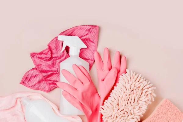 Detergents Cleaning Accessories Pink Color Cleaning Service Concept Flat Lay — Stock Photo, Image